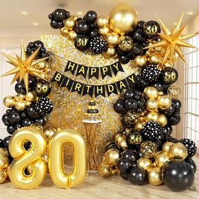 114pcs 80th Birthday Decorations for Men, 80th Birthday Decorations with 80th Birthday Banner Black Gold Confetti Birthday Balloons for 80 Year Old Birthday Decorations