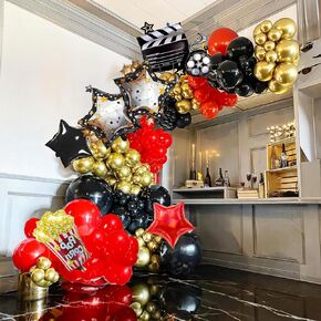 black red gold balloon garland arch kit 126+pcs with Popcorn Film Clapboard Black Red Star-Shaped Foil Balloons for Movie Night Birthday hollywood theme party decorations
