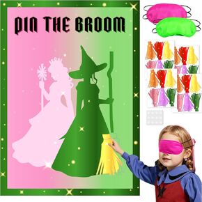 زخارف حفلة Afzmon Witch Party Pin The Broom Party Games ، الملصق الوردي والأخضر مع 24 ملصق مكنسة قابلة لإعادة الاستخدام لـ Witch Birthdy Party Decorations Supplies- 19.5inch x27.5inch