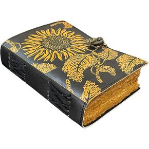 vintage sunflower leather journal Writing notebook embossed beautiful daily use book of shadows blank yellow with black unlined travel sketchbook with lock diary gift for women 7x5 inch