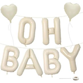 Baby Shower Decorations 8 Set 40 Inch OH BABY Letter Heart Balloons Giant Ice Cream White Foil Balloon Alphabet Banner for Gender Reveal Boho Decor Boy and Girl Neutral Ivory Backdrop Party Decoration