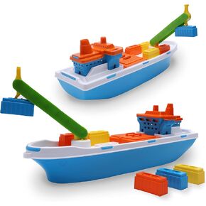 Toyland® 41cm (16") Colourful Cargo Ship with Moveable Doors, Crane & 6 Plastic Containers - Kids Floating Water Toy - Pool & Bathtime Toys - 3 Years+