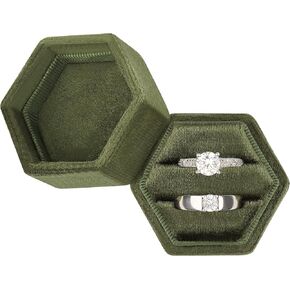 DesignSter Hexagon Velvet Ring Box - Premium Gorgeous Vintage Double Ring Display Holder with Detachable Lid for Proposal, Engagement, Wedding, Ceremony (Beige)