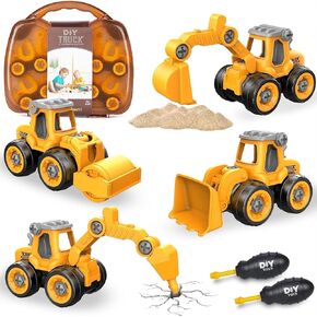 Take Apart Construction Vehicles Toy Set 4 in 1 with Handcase, DIY Excavator Digger with Screwdriver, Building Educational Assembly Engineering Truck for 3-6 Years Old