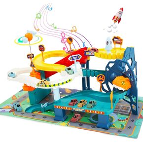 Race Track Car Toy for Kids Dinosaur Adventure Vehicle Playset with 5 Mini Cars & Road Map Race Car Track Toys Educational Toy for 3 4 5 6 7 Year Old Boys Girls