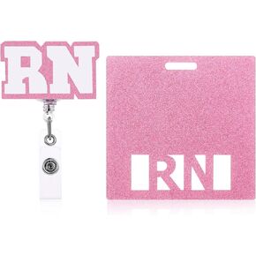 Badge Buddy Card Holder Pink RN Nurse Nursing Accessories Glitter Horizontal Badge Identification Tags Medical Assistant ID Name Tags for Nurse Work Coworkers Resident Employee Student Aesthetic