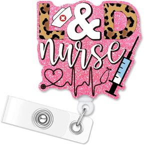 ERHACHAIJIA L&D Nurse Retractable Pink Glitter Badge Reel with Clip, Funny Medical Tools ID Card Badge Holder Gift for Nurses Doctors RN EN L&D OB NICU Nurse OBGYN Labor & Delivery, Nurse Day Gift