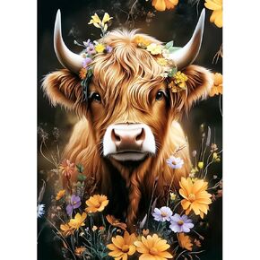 Lxmsja Highland Cow Diamond Art Kits for Adults, Flowers DIY Full Drill Diamond Painting Kits for Beginners, 5D Gem Art Crafts for Adults, Home Wall Decor 12x16 inch