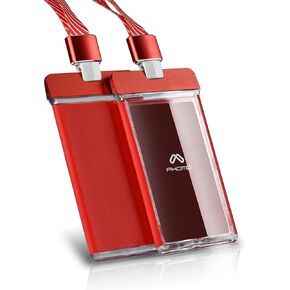 Phomo Aluminum ID Badge Holder/Wallet with Metal Clip and Badge Lanyard, Heavy Duty Vertical Transparent Hard Acrylic ID Card Holder. (Holds 1to 3 Cards) (Red, 1-pcs)