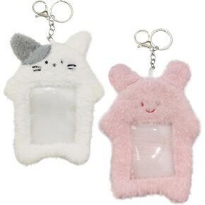 2 PACK Cartoon Plush Protective Sleeve, Kawaii White & Pink Cat Card Cover with Keychain Cute Photo Protective Sleeve for ID Badge