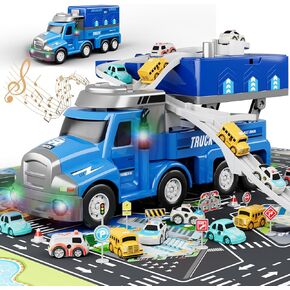 Dwi Dowellin Truck Toys for Boys 3 4 5 6 Years Old, Vehicle Toys for Kids with 4 City Cars and Playmat, Race Track with Light and Music,Christmas Birthday Gift Idea for Kids Ages 3-5 (Blue)