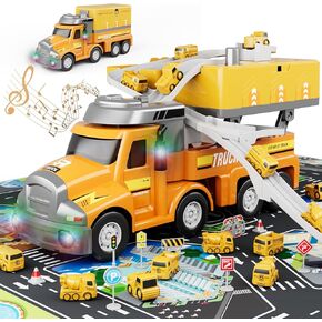 Dwi Dowellin Truck Tuys for Boys 3 4 5 6 6 سنوات ، ألعاب مركبة للأطفال مع 4 سيارات في المدينة و Playmat ، مسار السباق مع الضوء والموسيقى فكرة هدية عيد ميلاد للأطفال الذين تتراوح أعمارهم بين 3 و 5 سنوات (أزرق)