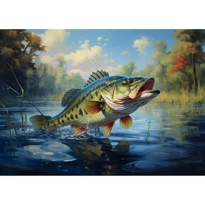 5D Diamond Art Painting Bass Fish Jump Out Full Drill Diamond Art Painting by Number Kits for Adults Square Beads Mosaic Cross Stitch for Wall Decoration 16x12inch
