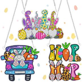 Burbell 3 Pcs Easter Diamond Art Kits Truck Gnome Diamond Painting Hanging Sign Set Diamond Painting Kit Hanging Sign Ornament for Decorations Door Wall Window, 3 Designs