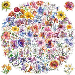 100pcs Flower Stickers Pack, Sparkly Holographic Aesthetic Decals for Water Bottle, Waterproof Stickers for Hydroflask Laptop Scrapbooking Phone,Flower Gifts for Adults Women Teens Girls