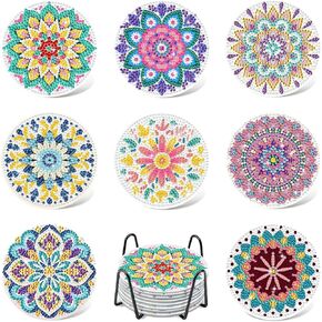 8 Pcs Diamond Art Painting Coasters Kit, Mandala Diamond Painting Coasters Kits for Adults Beginners, DIY Coasters Crafts Kit with Holder, Non Slip Coaster Art Supplies for Christmas Birthday Gift