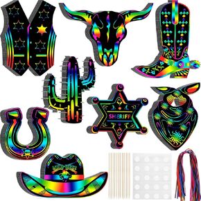 Hungdao 80 PCS Western Cowboy Scratch Cards for Kids Rainbow Cowboy Paper Paper With with wooden for western the the the the the the growding party party stivities diy (Classic Style)