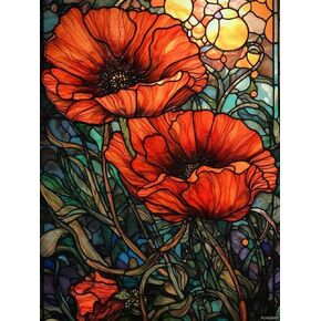 PUAGEMTI 5D Diamond Art Painting Kits by Number for Adults Stained Glass Style of Poppy Flower Diamond Art Full Round Drill Color Rhinestone Embroidery Craft Kits 30x40cm