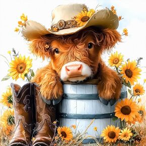 Lxmsja Cow Flower Diamond Art Kits for Adults, Highland Cow DIY Full Drill Diamond Painting Kits for Beginners, 5D Gem Art Crafts for Adults, Home Wall Decor 12x12 inch