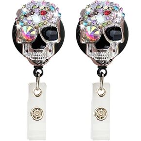 2Pcs Colourful Skull Diamond Badge Reel Cute Retractable Rhinestone Badge Holder Name ID Badge Clip with Swivel Alligator Clip Badge Holders for Teachers Students, Identification Badges and Supplies
