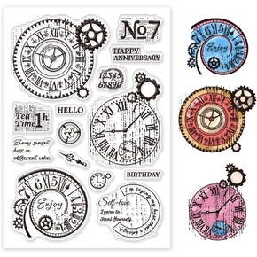 GLOBLELAND Vintage Gear Clock Clear Stamps Clock Time Silicone Clear Stamp Gear Wheel Transparent Stamps for DIY Scrapbooking and Cards Making Photo Album Journal 6.3x4.33inch