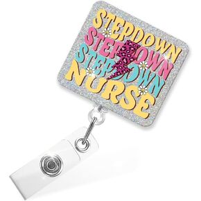 Stepdown Nurse Retractable Glitter Badge Reel with Alligator Clip, Funny Badge Holder Gifts for Stepdown Unit Doctor Nurse, Stepdown Nurse Appreciation Gifts, Cardiac Stepdown Graduation Gifts