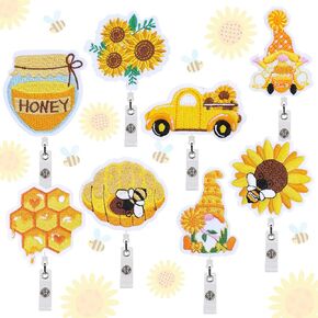 Whaline 8Pcs Spring Summer Badge Holders Embroidered Sunflower Bee Truck Honey Nurse Retractable Badge Felt Name ID Badge Reel with Alligator Clips for Nurse Teacher Students Doctor