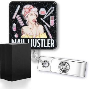 Nail Hustler Funny Glitter Badge Reel, Retractable Badge Holder for Nail Technician Manicure Coworker Colleague, Nail Tech Gift for Nail Artist, Nail Polish Lover Gift for Woman Lady Girl