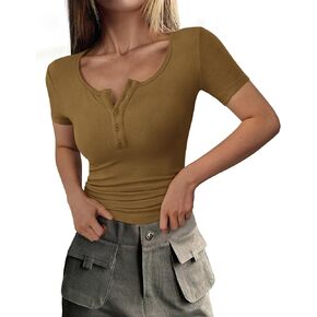 PRETTYGARDEN Women's 2025 Summer Short Sleeve Tops Ribbed Knit Henley Button Up Slim Fit Basic Casual T Shirts Blouse