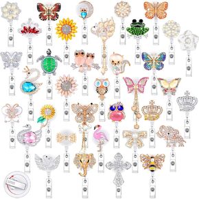 36 Pcs Rhinestone Badge Holders with Clip Nurse Retractable Badge Reel Crystal Animal Flower Bow Tie Cross ID Badge Clip Bling Cute Name Card Holder for Office Teachers Students Doctors Nursing