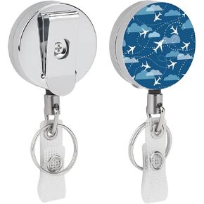 Airplane Aircraft Plane Pattern Retractable Metal Badge Holder Reel Clip with PVC Straps on ID Card Holders for Nurse Kids Office Staff Student, One size