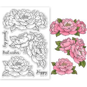 GLOBLELAND Peony Flowers Clear Stamps for DIY Scrapbooking Peony Flowers Silicone Clear Stamp Seals Transparent Stamps for Cards Making Photo Album Journal Home Decoration