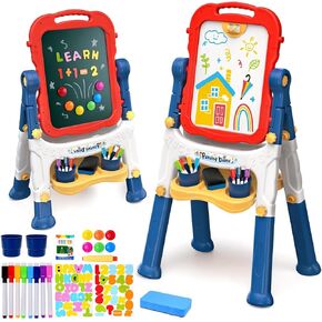 Easel for Kids, Kids Easel, Double-Sided Art Easel for Kid 3-4, Chalk Board Kid, Toddler Easel, White Board Kid, Kids Art Easel, Art Easel for Kids Age 4-8, Christmas Gifts for Kids, Red&Blue