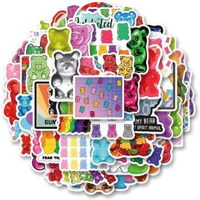 63Pcs Gummy Bear Sticker Cute Kawaii Waterproof Pack | Aesthetics Vsco Cartoon Funny Cool Deacls Graffiti Stickers Vinyl for Adults Teens Girls Kids Water Bottle Skateboard Luggage Laptop