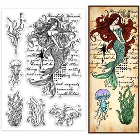 PH Pandahall Mermaid Clear Stamps لصنع البطاقات ، قناديل البحر أسماك الطوابع المطاطية تحت بطاقات البحر Scrapbooking Stamp Stamprent Paper Craft Stamp for DIY Scrapbooking Journal Cards