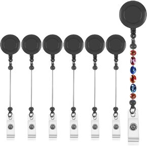 Beadable Badge Reels, Beaded Retractable Badge Reel Clips Holder, Ymapinc 6Pcs Blank ID Badge Reels with Clip Black Name Badge Holder DIY for Teacher Nurse Office Supplies