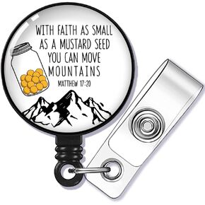 With Faith As Small As A Mustard Seed Badge Reel Retractable With Alligator Clip, Funny Proud ID Badge Holder Faith gift for Any Church Goer, Pastor Christian Office Worker Nurse Doctor Teacher