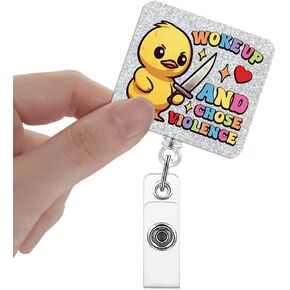 Woke Up and Chose Violence Badge Reels Retractable Glitter with Clip, Cute Duck Badge Holder for Night Shift Nurse Nursing Student Registered Nurse Medical Assistant Coworker