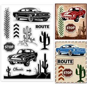 PH PandaHall Pickup Truck Clear Stamps for Card Making, American Highway Road Signs Rubber Stamps Cactus Transparent Paper Craft Stamp for DIY Scrapbooking Journal and Photo Card Album Crafting
