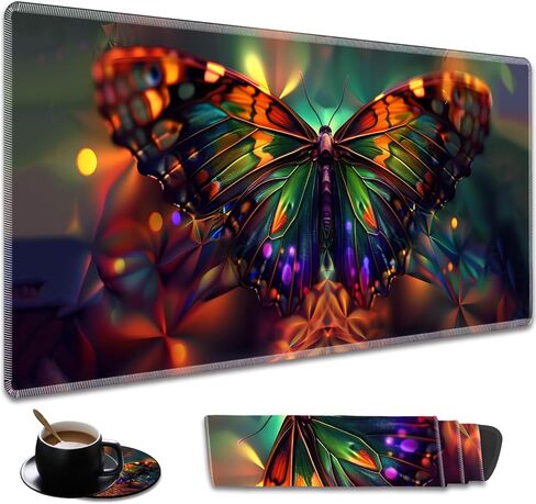 Durable Desk Mat and Coaster Stylish Set, Large Gaming Office Mouse Pad 31.5 "x 11.8", Extended Non-Slip Rubber Keyboard Pad, Laptop & Home, Psychedelic Butterfly in Kuwait