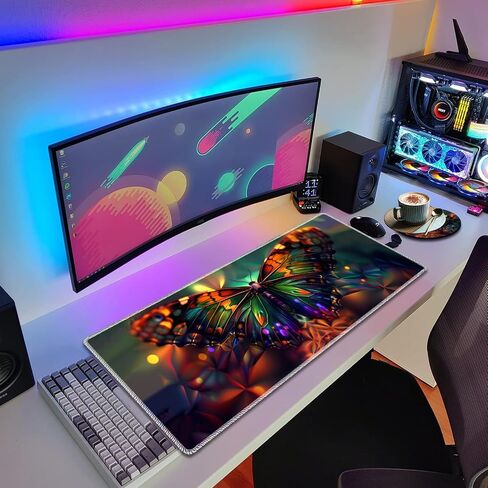 Durable Desk Mat and Coaster Stylish Set, Large Gaming Office Mouse Pad 31.5 "x 11.8", Extended Non-Slip Rubber Keyboard Pad, Laptop & Home, Psychedelic Butterfly in Kuwait