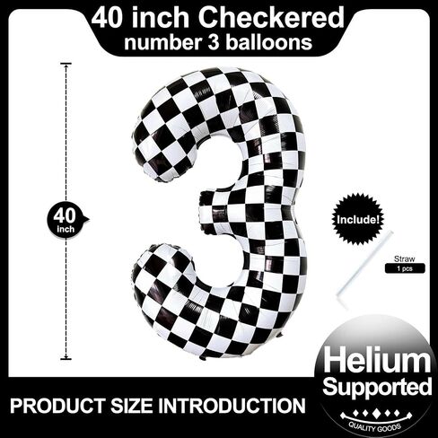 Checkered Number 3 Balloons 40 Inch Giant Race Car Checkered 3 Balloons for Racing Car Checkered 3th Birthday Party Supplies in Saudi Arabia