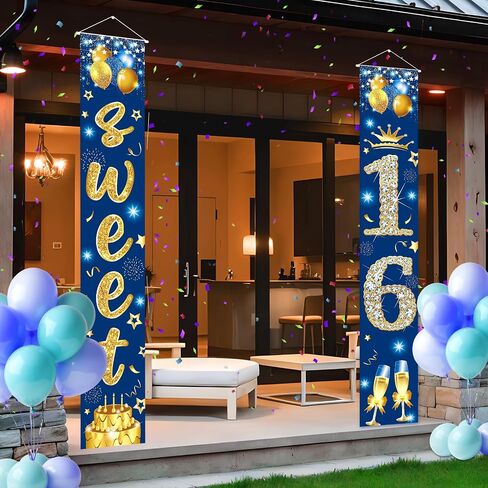 حلوة 16 ديكور عيد ميلاد لافتة الباب للأولاد الأزرق الذهب السعيد عيد ميلاد السادس الشرفة علامة حلوة 16th عيد ميلاد الدعام in Kuwait