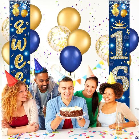 حلوة 16 ديكور عيد ميلاد لافتة الباب للأولاد الأزرق الذهب السعيد عيد ميلاد السادس الشرفة علامة حلوة 16th عيد ميلاد الدعام in Kuwait