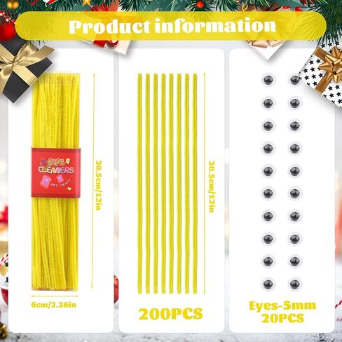 LOKUNN Pipe Cleaners, 200 Pcs Yellow Pipe Cleaners Craft Set, Solid Color Chenille Stems, DIY Arts and Crafts with Adhesive Eyes and Storage Box, Christmas Mother's Day Decoration Art Supplies in Saudi Arabia