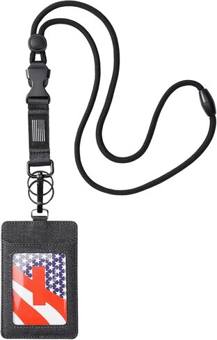 ID Badge Holder with Lanyard - Heavy Duty USA Flag Breakaway Lanyard, PU Leather Vertical Card Holder with 1 Clear ID Card Window 2 Card Slots, Neck Key Lanyard for Men in Kuwait