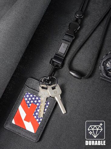 ID Badge Holder with Lanyard - Heavy Duty USA Flag Breakaway Lanyard, PU Leather Vertical Card Holder with 1 Clear ID Card Window 2 Card Slots, Neck Key Lanyard for Men in Kuwait