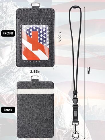 ID Badge Holder with Lanyard - Heavy Duty USA Flag Breakaway Lanyard, PU Leather Vertical Card Holder with 1 Clear ID Card Window 2 Card Slots, Neck Key Lanyard for Men in Kuwait