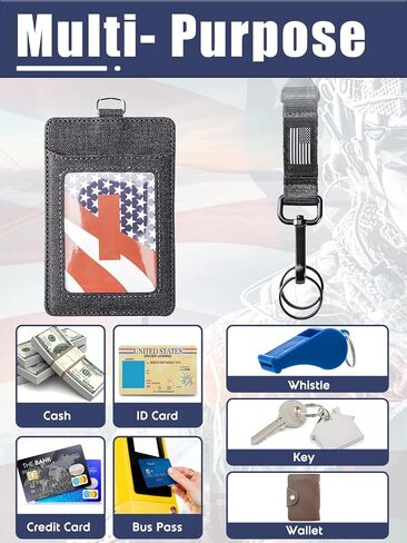 ID Badge Holder with Lanyard - Heavy Duty USA Flag Breakaway Lanyard, PU Leather Vertical Card Holder with 1 Clear ID Card Window 2 Card Slots, Neck Key Lanyard for Men in Kuwait