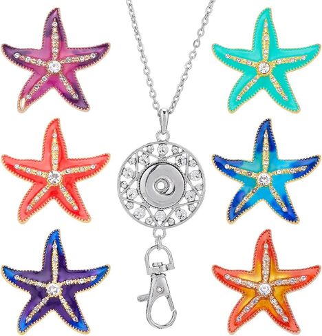 SUNNYCLUE 1 Box 6 Style ID Badge Lanyard Cute Women Badge Holder Enamel Starfish Fancy Snap Button Lanyard Necklace Breakaway Teacher Name Tag Lanyards Stainless Steel Lanyard Chain for Badge Holders in Saudi Arabia